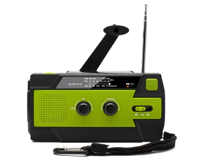 Radio de secours avec dynamo, panneau solaire et batterie 4000 mAh main product photo