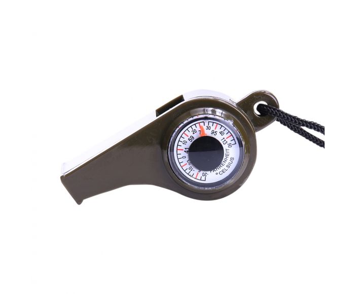 Sifflet d’urgence SOS avec boussole et thermomètre main product photo