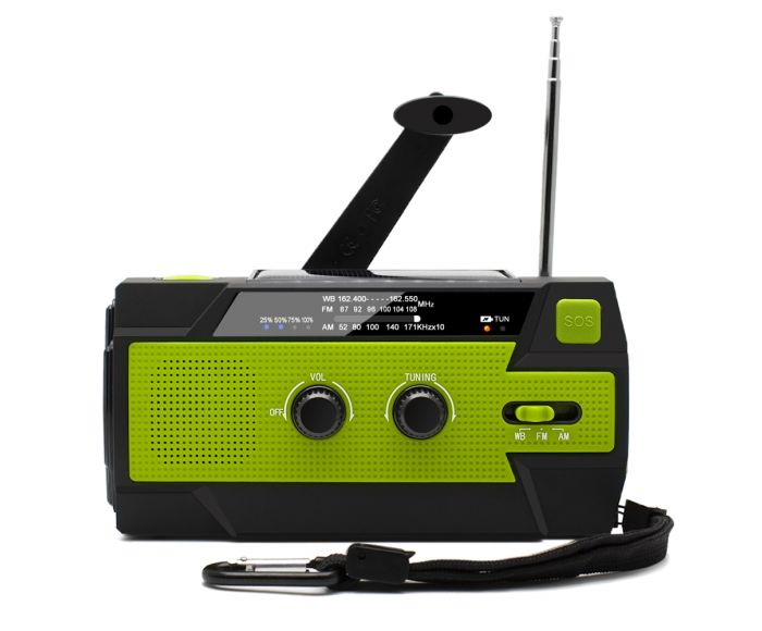 Radio de secours avec dynamo, panneau solaire et batterie 4000 mAh main product photo